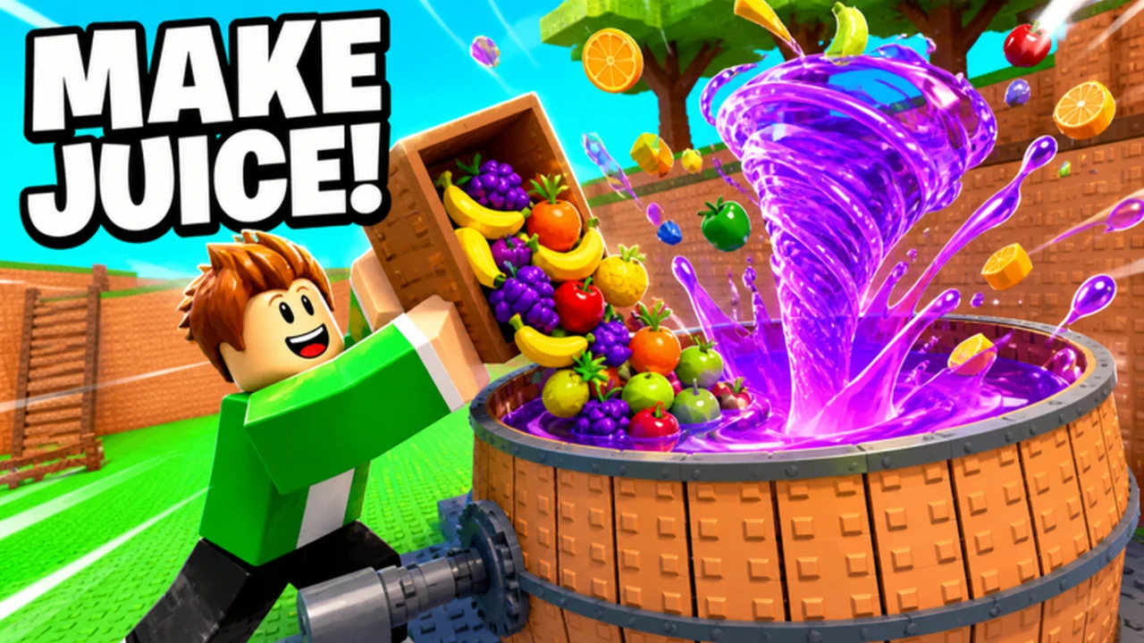 A Roblox player pouring a crate of fruit into a machine that produces purple juice.