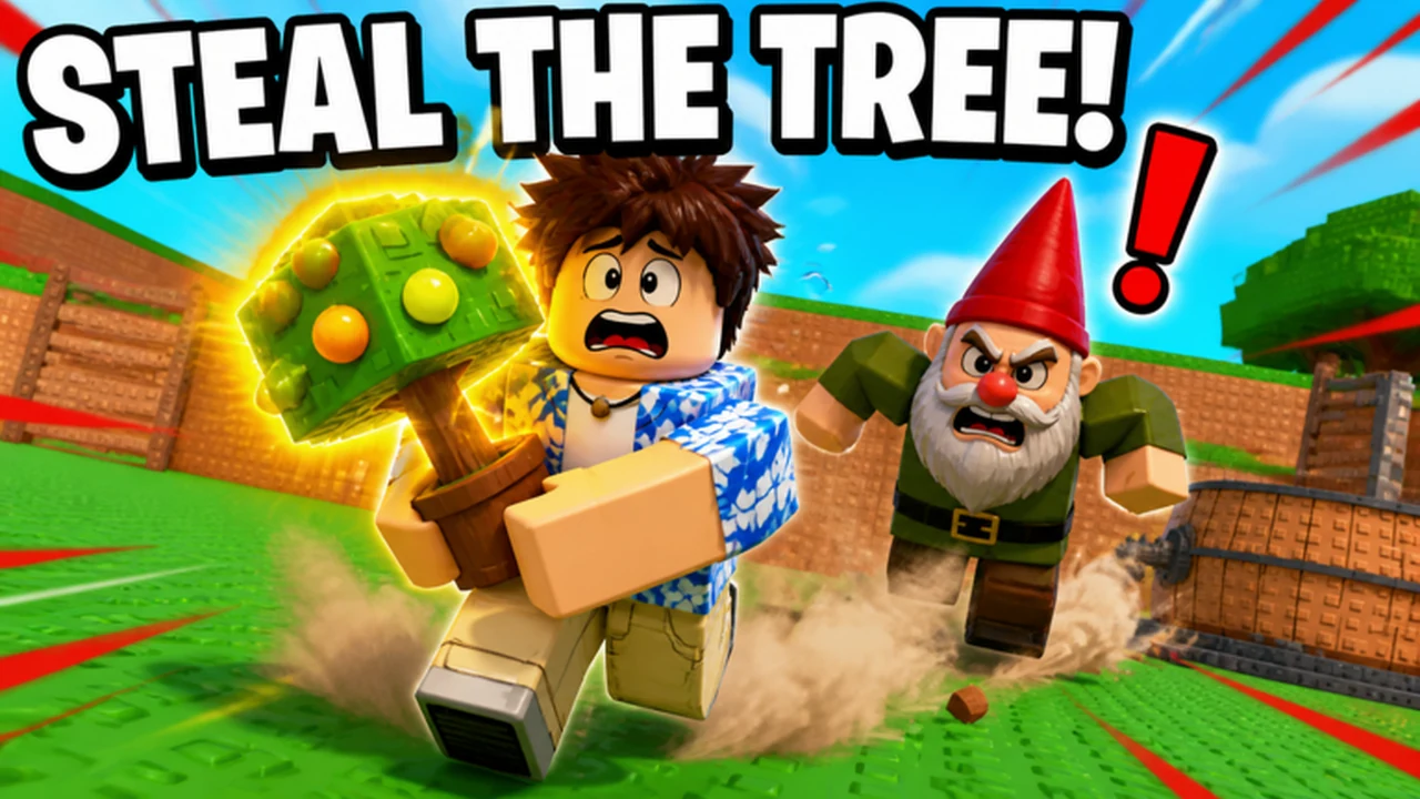 A Roblox player carrying a glowing fruit tree while an angry garden gnome chases them.